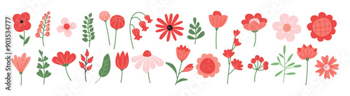 Collection of decorative red flowers and leaves. Wildflowers, leaf branches. Hand drawn blossoms for greeting cards, decor, easter, thanksgiving, baby shower