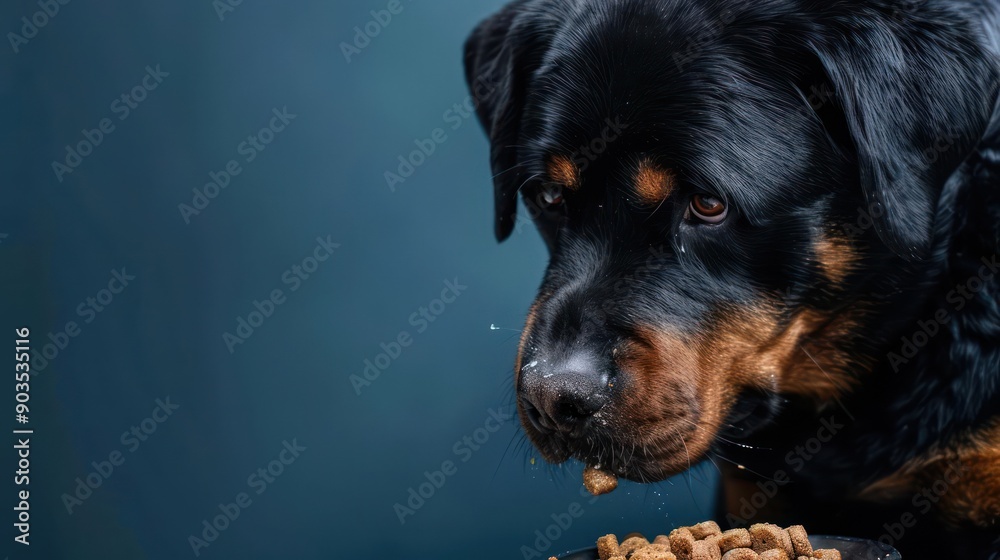 Rottweiler dog eating dog food , studio shot isolated on single color background ,editorial style, shoot by DSLR. Rottweiler dog eating dog food , studio shot isolated on single color background ,editorial style, shoot by DSLR.