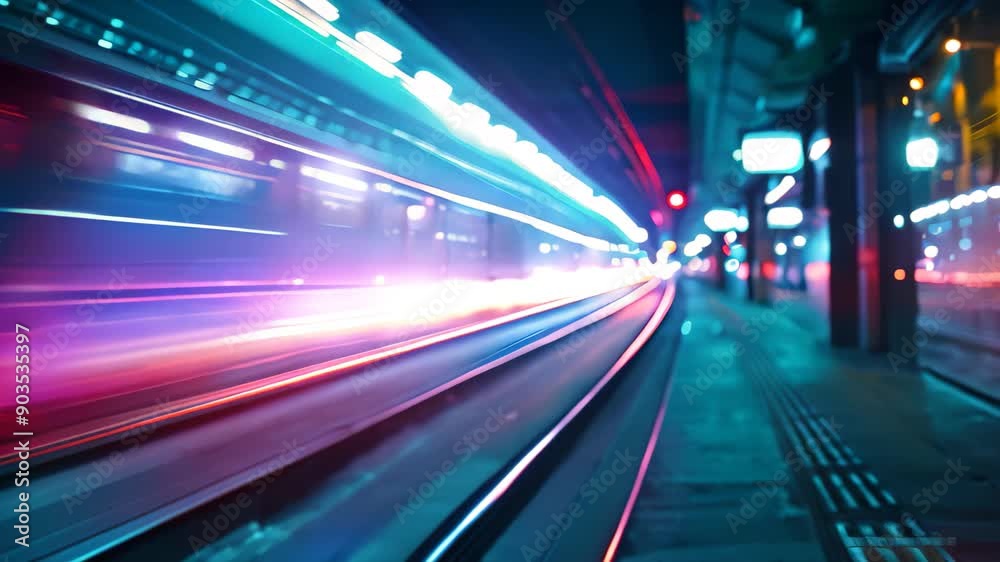A train station bustling at night, captured in a blurry video, Technological signals moving at the speed of light A train station bustling at night, captured in a blurry video, Technological signals moving at the speed of light