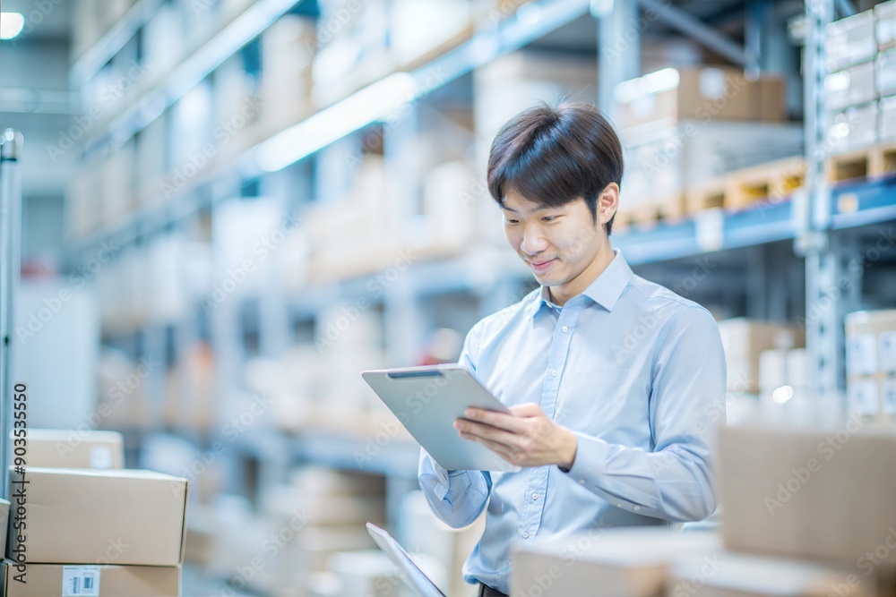 Fototapeta premium 梱包資材を手配する日本人オンラインストアマネージャー