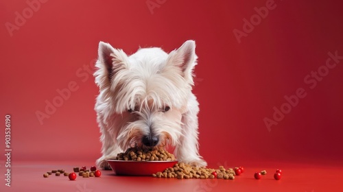 West Highland White Terrier dog eating dog food , studio shot isolated on single color background