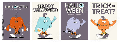 Groovy retro Happy Halloween, Spooky night, Trick or treat posters set. Funky walking characters pumpkin with spooky and skary face. Vector illustration photo