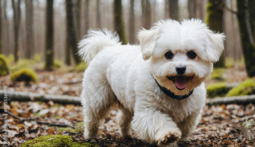 Happy Bichon Frise Dog Walking in Forest on Autumn Day Happy Bichon Frise Dog Walking in Forest on Autumn Day