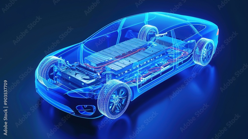 Transparent Blue Wireframe of a Modern Electric Car