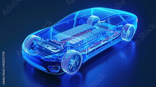 Obraz na płótnie Transparent Blue Wireframe of a Modern Electric Car w salonie