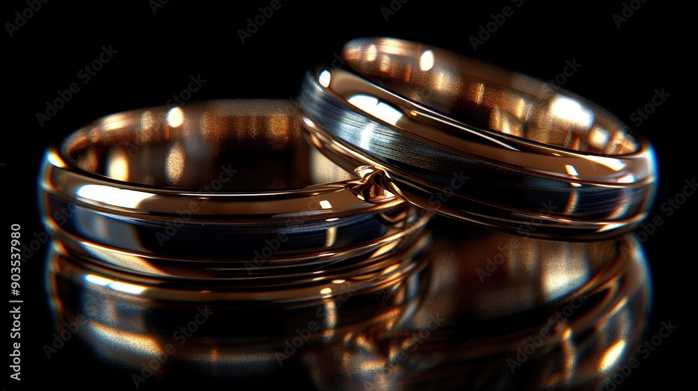 A pair of gleaming wedding rings resting atop a dark background with a mirror-like reflection A pair of gleaming wedding rings resting atop a dark background with a mirror-like reflection