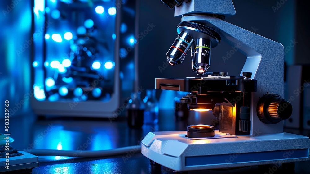 Fototapeta premium A digital microscope, with its blue lighting, represents the cutting-edge technology used in medical research.