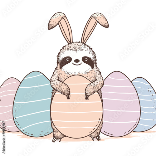 A cute sloth wearing bunny ears holds a large Easter egg, surrounded by smaller decorated eggs.