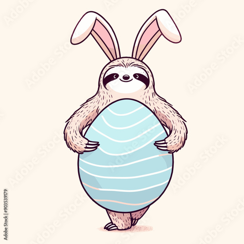 A cute sloth wearing bunny ears holds a large blue and white Easter egg.