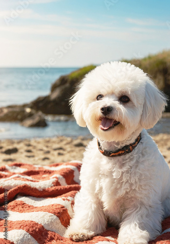 Cheerful Bichon Frise Enjoying a Sunny Day by the Beach on blanket