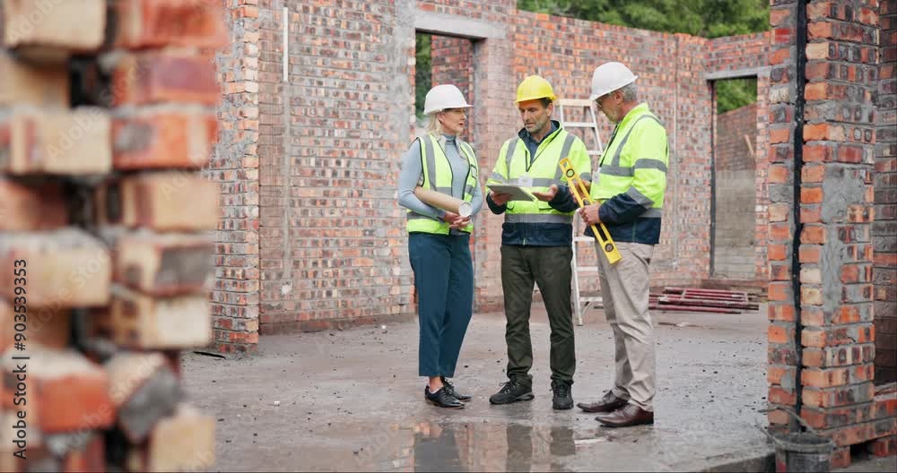 Architect, people and discussion with tablet at construction site of planning design process report or expansion safety. Group, contractor and talk, support and digital blueprint of project solution Architect, people and discussion with tablet at construction site of planning design process report or expansion safety. Group, contractor and talk, support and digital blueprint of project solution