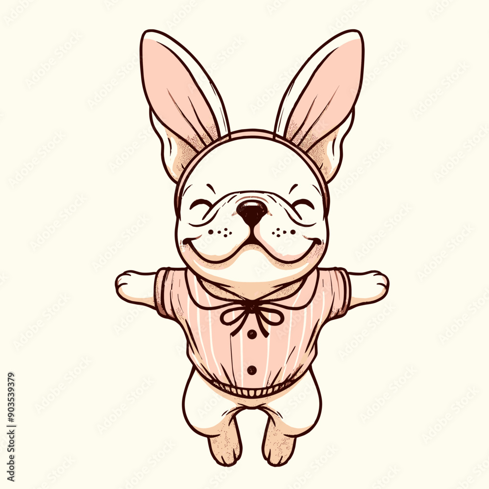 A cute white french bulldog wearing pink bunny ears and a striped shirt. A cute white french bulldog wearing pink bunny ears and a striped shirt.