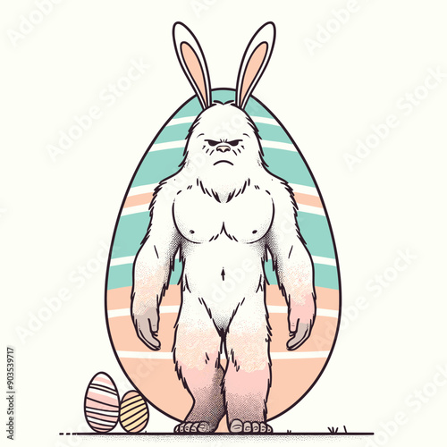 A muscular, white rabbit stands with an angry expression in front of a large Easter egg.