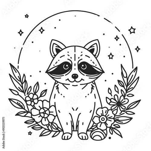 Cute cartoon raccoon sitting in a floral wreath with stars. Black and white line art illustration. Perfect for kids' books, greeting cards, and more.