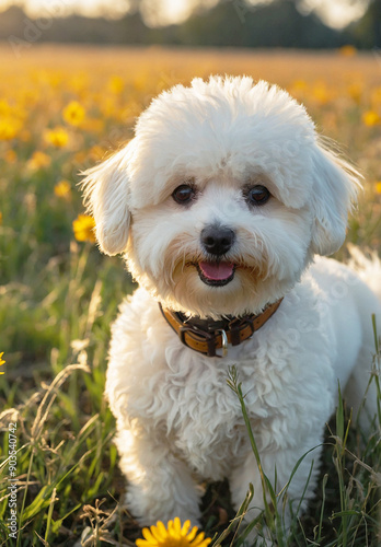 White fluffy dog in a field of yellow flowers at sunset