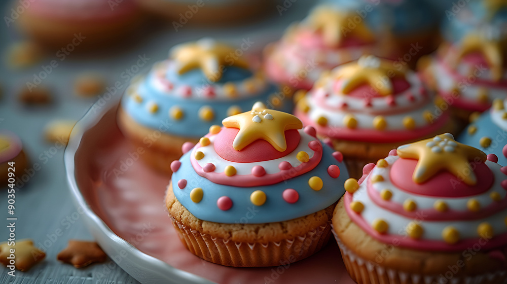 Colorful cupcakes with star-shaped sprinkles and frosting on a plate. Colorful cupcakes with star-shaped sprinkles and frosting on a plate.