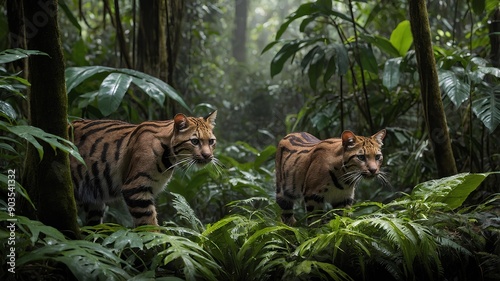 Rainforest Wildcats Encounter. Capturing a highlighting their elusive nature & adaptation to the dense jungle environment. Witness the stealth & beauty of rainforest wildcats. photo