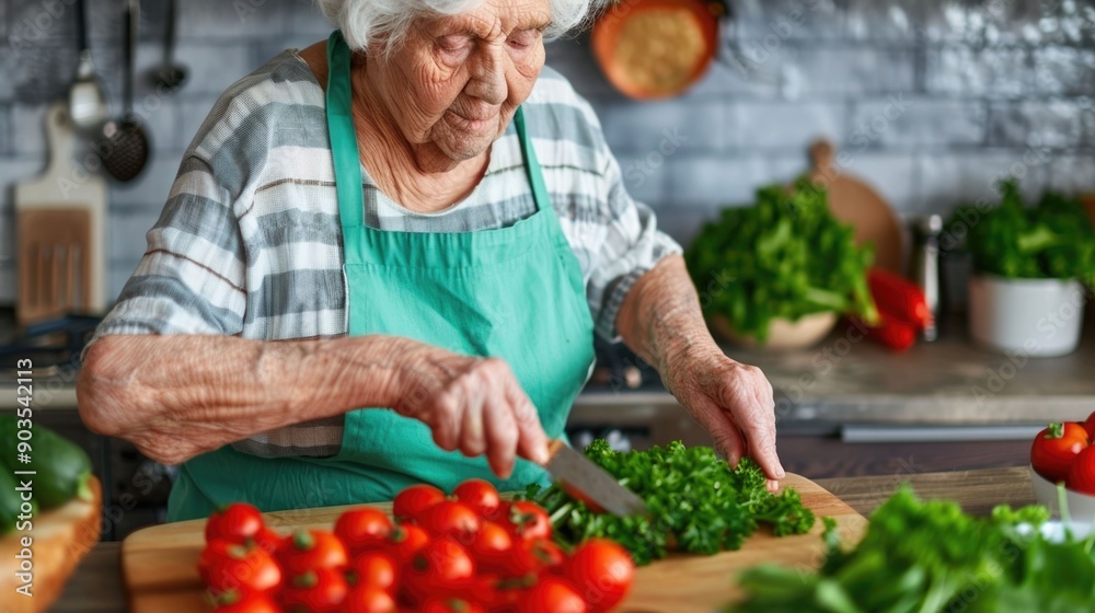 Elderly person discussing nutrition and wellness in a kitchen setting with deep depth of field showing hands preparing fresh produce and ingredients for a homemade healthy meal Elderly person discussing nutrition and wellness in a kitchen setting with deep depth of field showing hands preparing fresh produce and ingredients for a homemade healthy meal