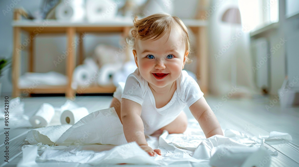 Crawling baby playing with toilet paper scattered on the floor. Crawling baby playing with toilet paper scattered on the floor.