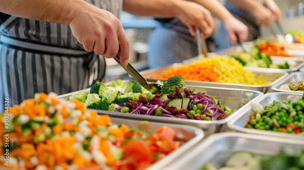 Close up of Diverse and Nutritious Senior Friendly Food Portions Being Carefully Prepared and Served on Platters with a Blurred Background Close up of Diverse and Nutritious Senior Friendly Food Portions Being Carefully Prepared and Served on Platters with a Blurred Background
