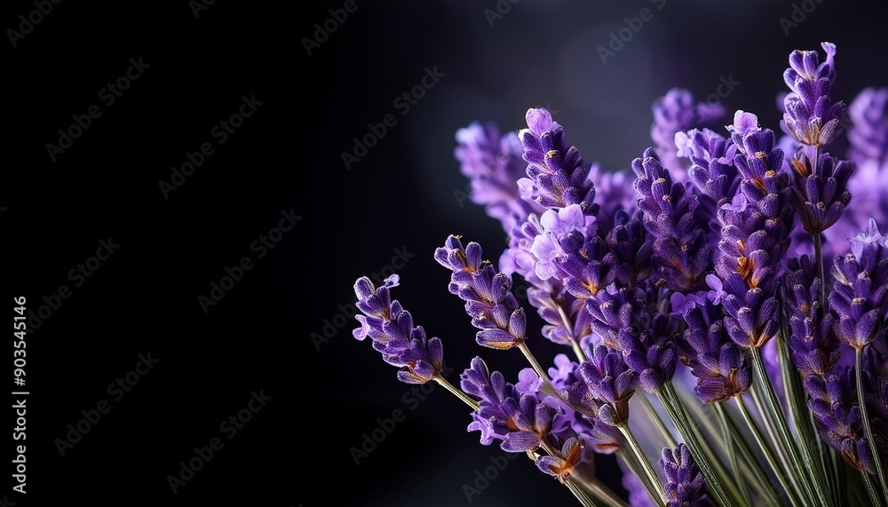 Close-up of lavender flowers, Soft focus on black banner background Close-up of lavender flowers, Soft focus on black banner background