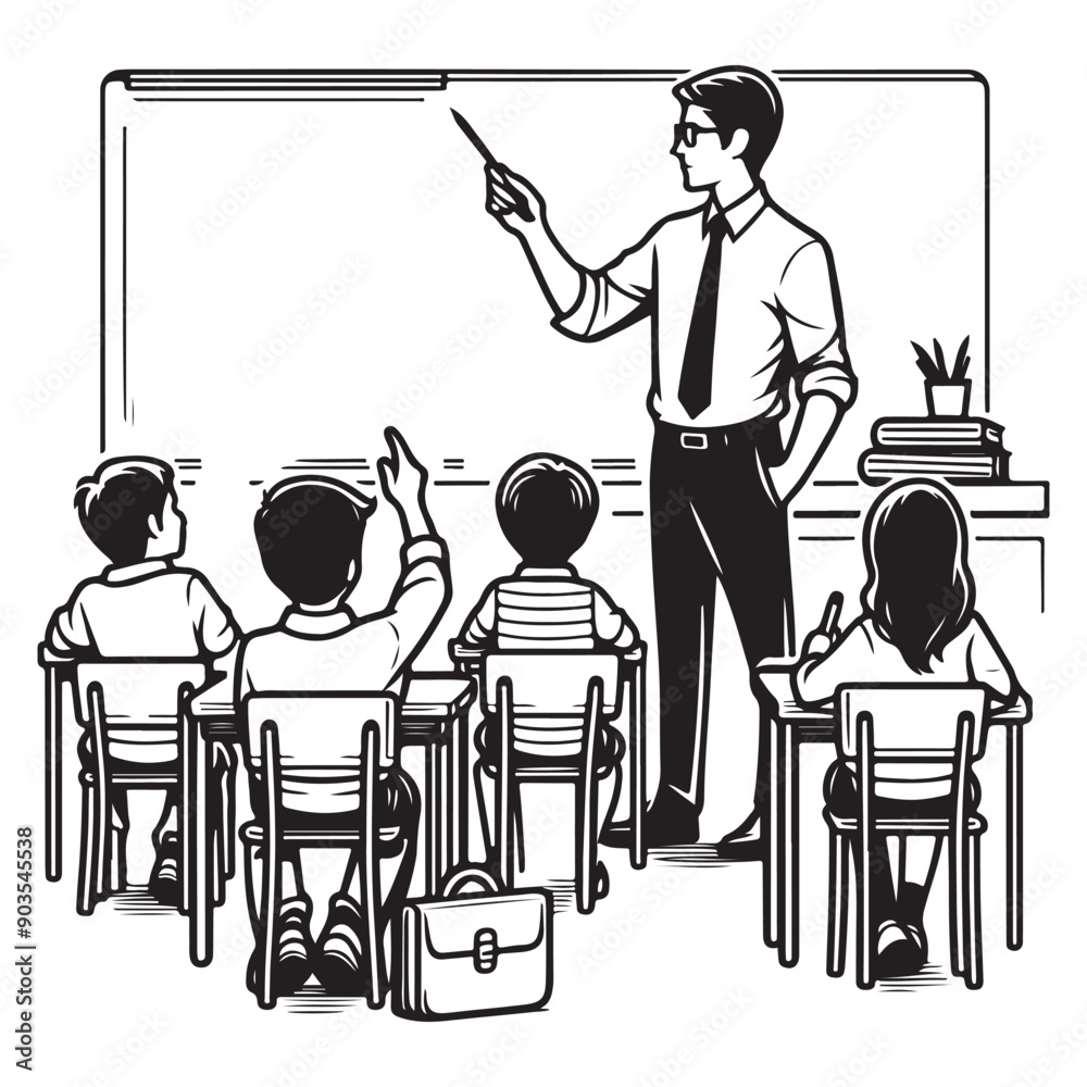 Teacher teaching his students a line art vector silhouette illustration - Generative AI Teacher teaching his students a line art vector silhouette illustration - Generative AI