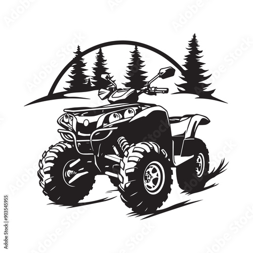  Adventure ATV  illustration vector with rock mountain and pines background logo design isolated on white