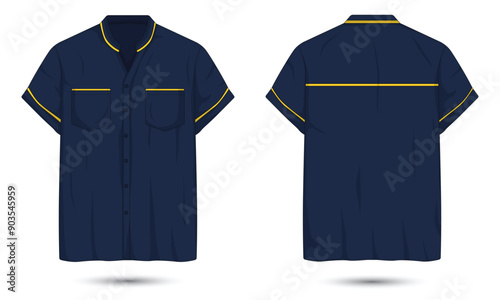 Dark blue button down work shirt mockup with yellow stripes front and back view