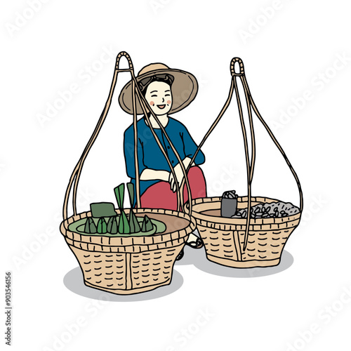 Street food in Thailand, hawker selling local food in market. Hand drawn style vector illustration.