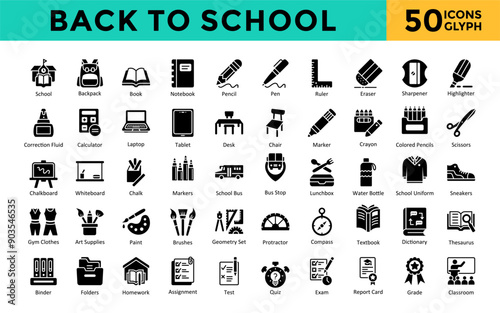 Back to School icon set with school, backpack, book, notebook, pencil, pen, ruler, eraser, sharpener, highlighter icon. Simple glyph vector 
