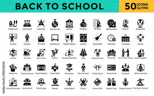 Back to School icon set with playground, schoolyard, assembly, science lab, library, reading, writing, mathematics, history, geography, education icon. Simple glyph vector 
