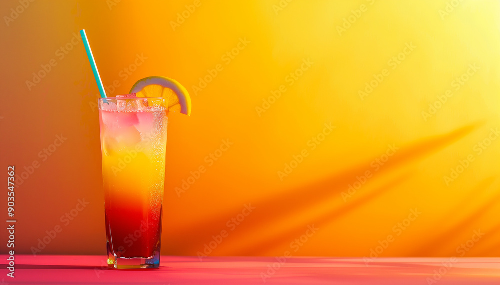 Colorful refreshing cocktail with a lemon slice and a blue straw in a tall glass against a vibrant yellow and orange gradient background. Colorful refreshing cocktail with a lemon slice and a blue straw in a tall glass against a vibrant yellow and orange gradient background.