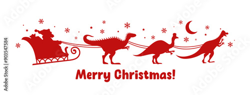 Santa sleigh with dinosaurs silhouette, Merry Christmas vector greeting card. Corythosaurus, pachycephalosaurus and alectrosaurus dinosaur animals pulling sleigh with Santa Claus and Christmas gifts