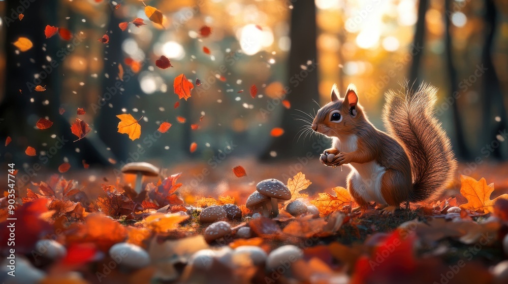 An autumnal forest with a carpet of fallen leaves, mushrooms sprouting, and squirrels gathering nuts, reflecting the seasonal changes in nature An autumnal forest with a carpet of fallen leaves, mushrooms sprouting, and squirrels gathering nuts, reflecting the seasonal changes in nature