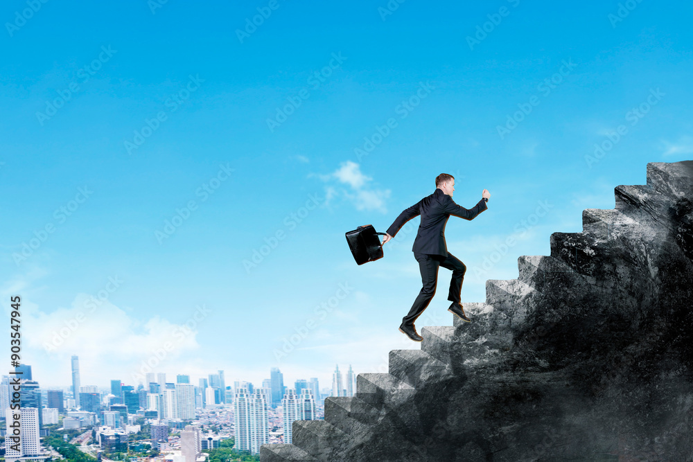 Business Professional Climbing Stairs Towards Success With City Skyline In Background During Bright Day Business Professional Climbing Stairs Towards Success With City Skyline In Background During Bright Day