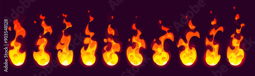 Fire flame sprite sheet, fx game effect. Cartoon vector burning fire stages animation. Campfire or torch blaze sequence frame, orange and yellow glowing bonfire shining flare sprite sheet motion