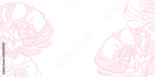 Continuous one line of beautiful pink flowers. Minimalist botanical illustration. Peonies or roses isolated on light background. 