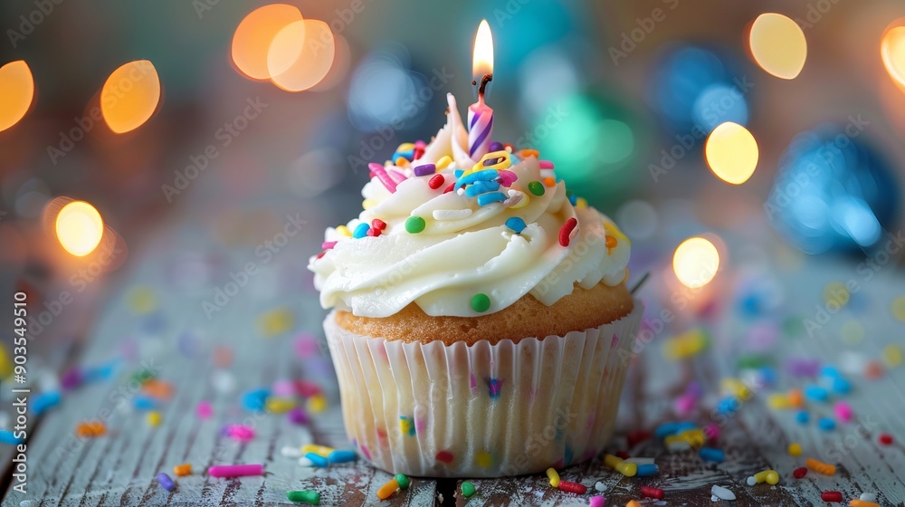 Colorful birthday cupcake with lit candle on pastel background, ideal for festive celebration themes and joyful party designs Colorful birthday cupcake with lit candle on pastel background, ideal for festive celebration themes and joyful party designs