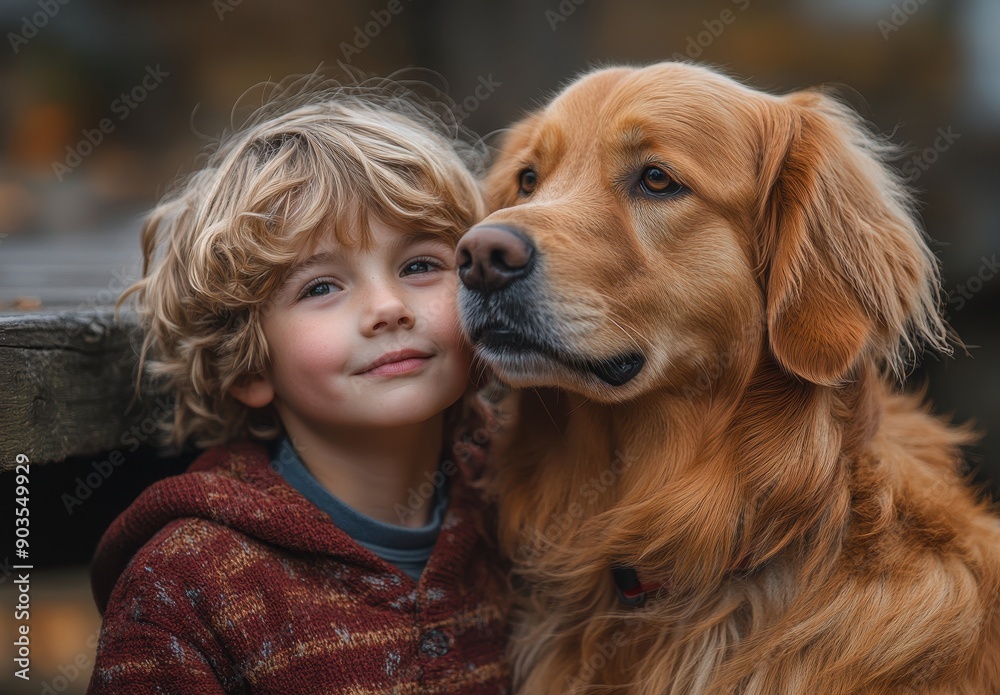 Young Boy Kissing Golden Retriever Dog in Red Shirt Outdoors - Heartwarming Moment in Nature
Young Boy Kissing Golden Retriever Dog in Red Shirt Outdoors - Heartwarming Moment in Nature