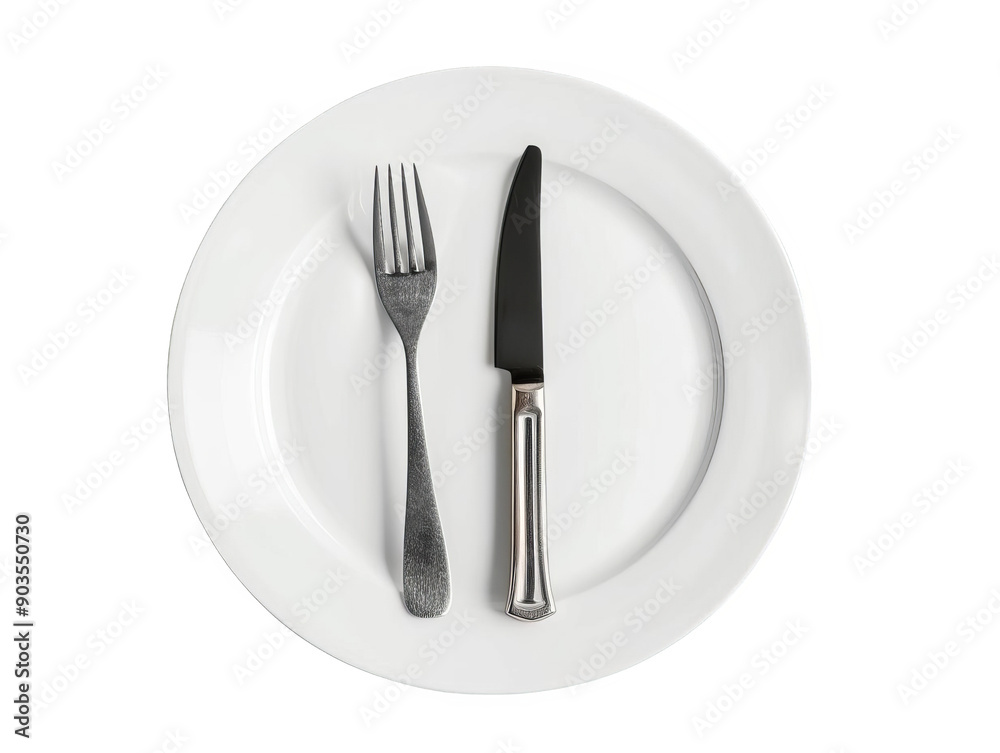 Elegant dining setup featuring a knife and fork on a pristine white plate, perfect for showcasing meal presentations. Elegant dining setup featuring a knife and fork on a pristine white plate, perfect for showcasing meal presentations.