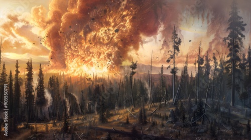 Depiction of the Enigmatic Tunguska Explosion in Siberia photo