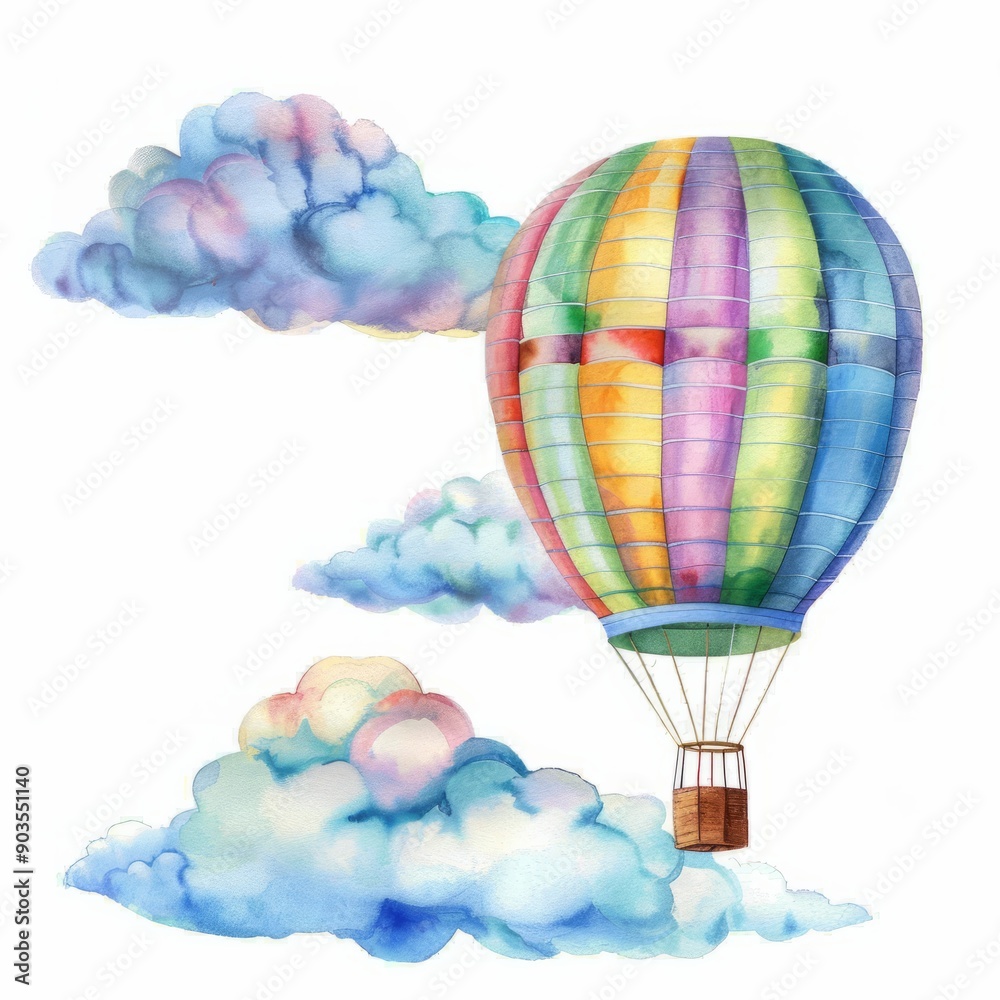 Fototapeta premium Watercolor painting of a group of hot air balloons floating above a desert landscape, on isolated white background, Generative AI