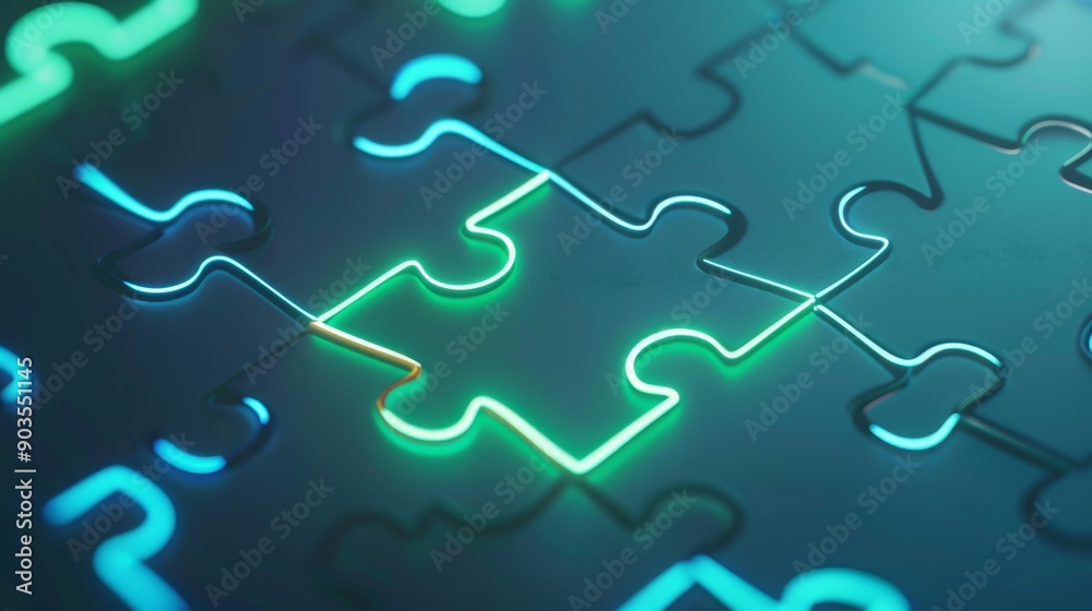 Fototapeta premium Precision Puzzle Conceptual Alignment for Top-Notch Solutions in Glowing Digital Wireframe