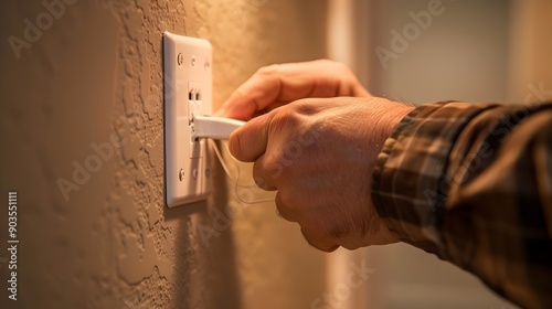 Electrician or DIYer Repairing Electrical Outlets in Home Interior photo