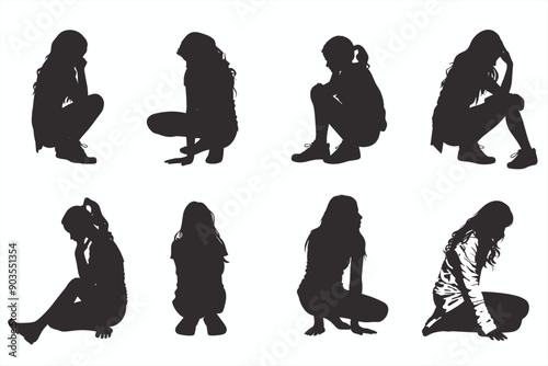 Set of Girls in Depression and sitting alone silhouettes on white background.  Sitting sad girl silhouette vector set. Black silhouette sad girl vector. 