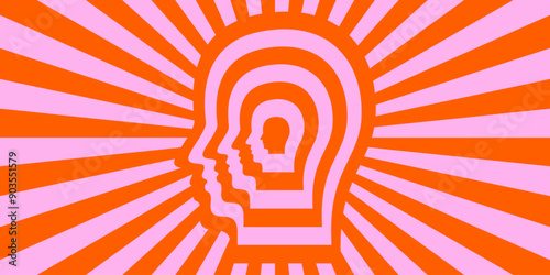 Retro trippy psychedelic background. Red and pink groovy head with ray burst wallpaper. Vintage colorful hippie tunnel poster. Mental hypnotic vibe concept. Vector backdrop