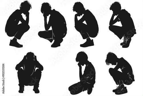 Set of boys in Depression and alone silhouettes on white background. Set of sad man silhouette vector on white background. 
