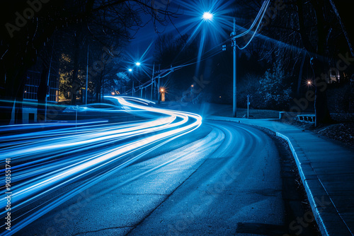 Long exposure shot of blue car lights at night