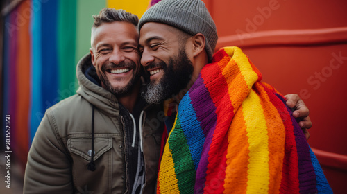 Romantic queer couple bonding against a rainbow flag, photography. photo