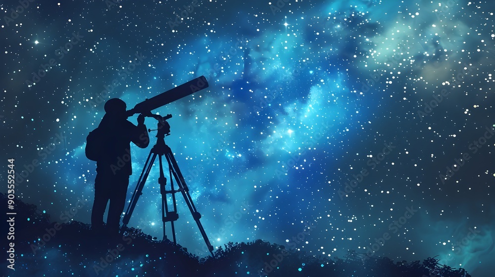 Astronomer Silhouetted Against Starry Night Sky Observing with Telescope Astronomer Silhouetted Against Starry Night Sky Observing with Telescope